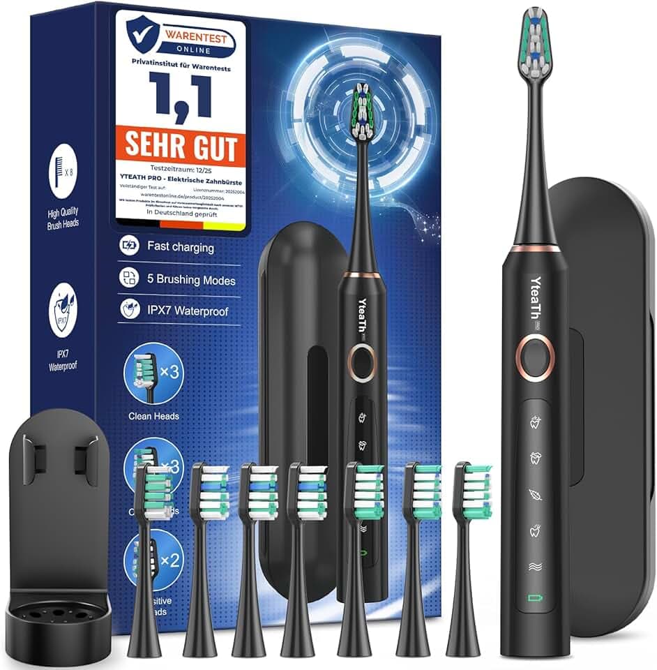 Brosse À Dent Électrique Soniques pour Adultes - Brosse A Dent Sonique avec 8 Têtes de Brosse et Étui de Voyage, 5 Modes, Étanche IPX7, Brosse A Dent Electrique de Voyage Rechargeable, Noir Global Recycled Standard