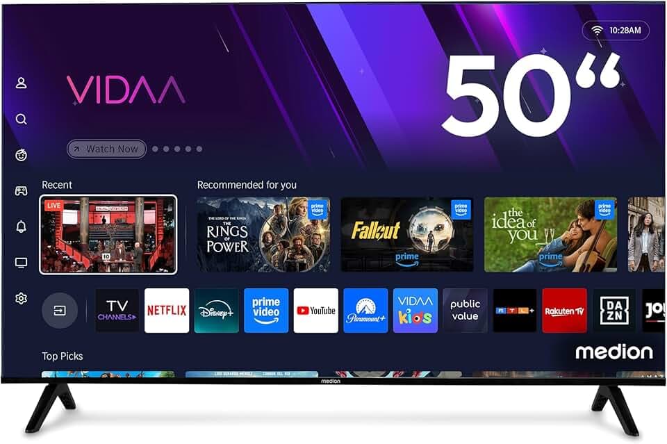 MEDION TV Ultra HD 125,7 cm (50″) (Smart-TV, 4K, HDR10, VIDAA Store, Prime Video, Disney+, DAZN, HbbTV, PVR, Bluetooth, MD 850301)
