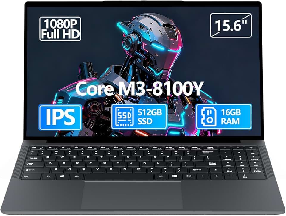 Ordinateur Portable 15,6 Pouces Processeur Core i3-8100Y 16 Go RAM DDR3 512 Go SSD Win 11 PC Portable Écran FHD IPS pavé Numérique USB 3.0 Type-C Mini HDMI Laptop Wi-FI 5 Bluetooth 5.0