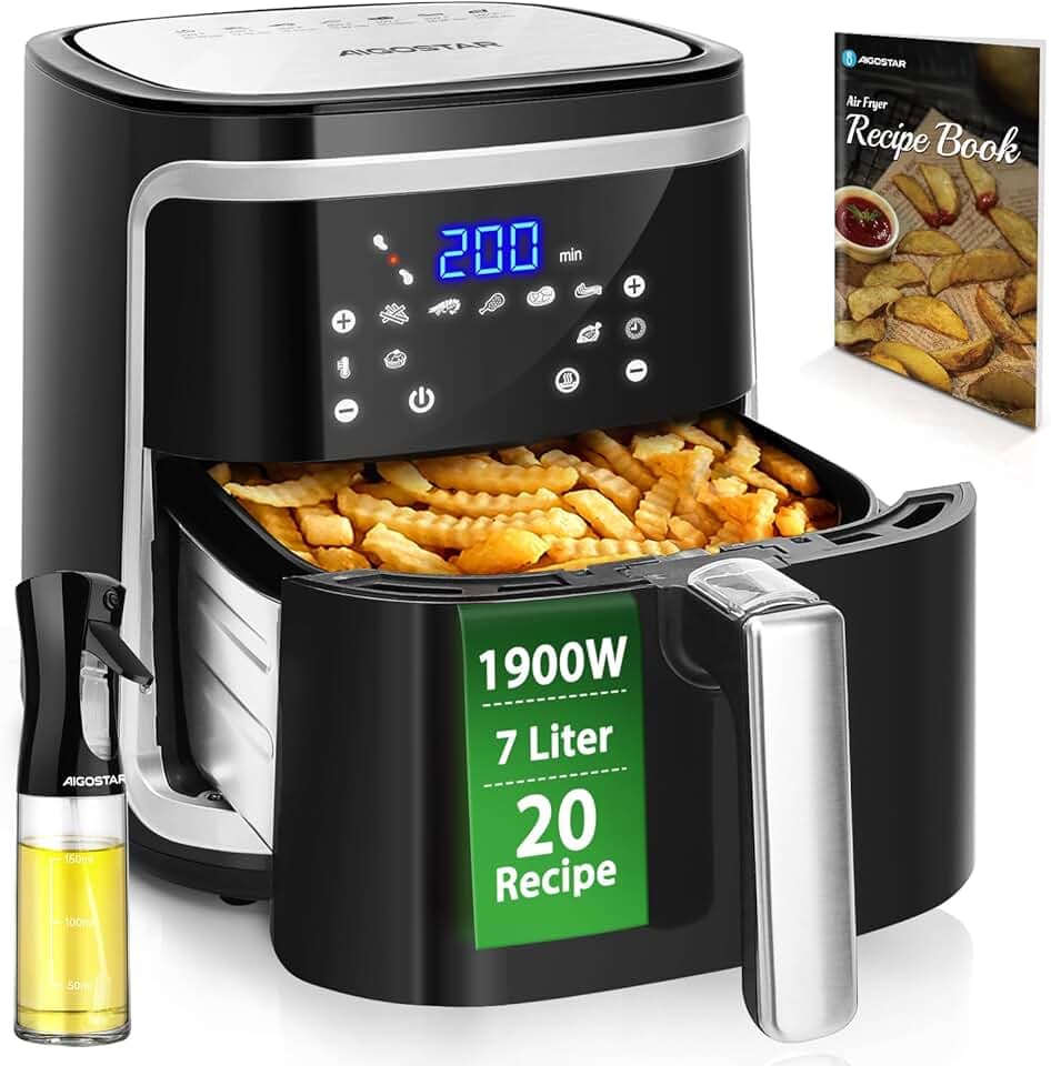 Aigostar Cube - Friteuse à air sans huile de XXL, 1900W, 7L air fryer. Livre de recettes inclus. Mode manuel et fonction maintien au chaud. Panneau tactile LED, 7 préprogrammes
