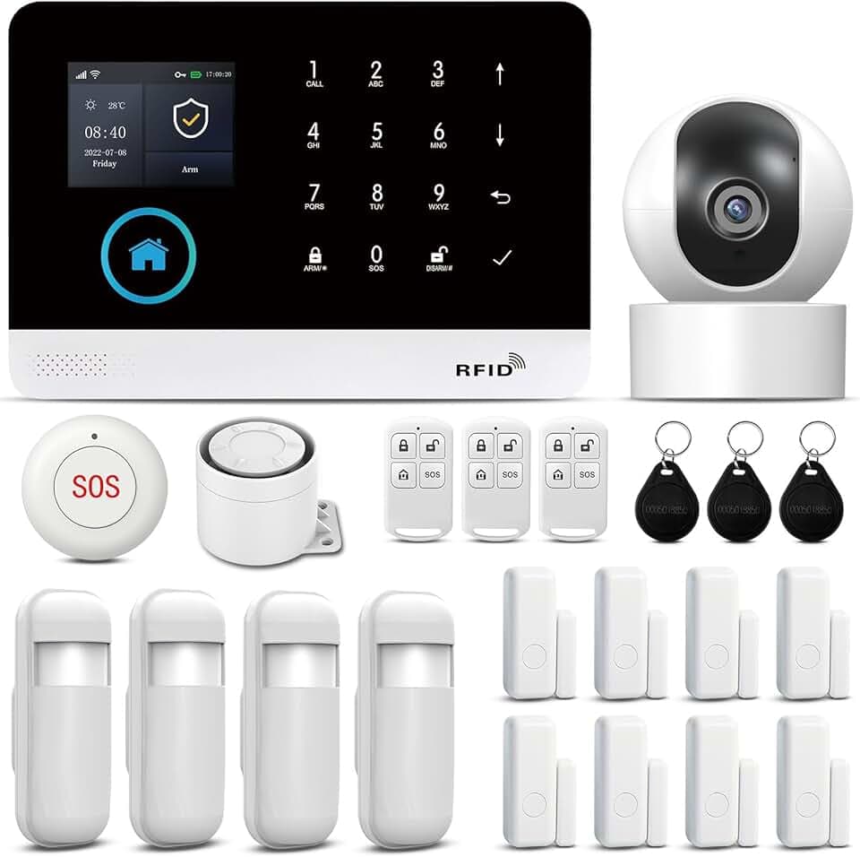 Système d'alarme Domestique avec caméra 1080P, système d'alarme antivol GSM WiFi 22 pièces avec Application téléphonique, sirène d'alarme 120b, Compatible pour la Maison et Les Appartements.