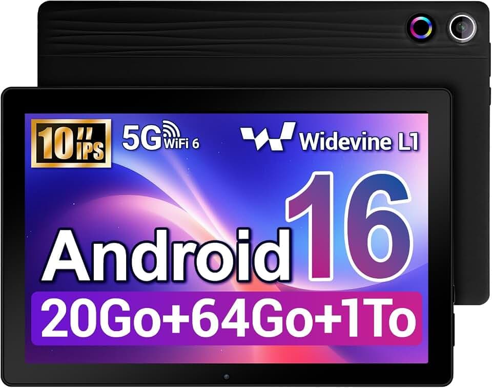 Tablette 10 Pouces Android 16 Tablette 5-Core Tablette, Widevine L1 20Go + 64 Go + 1 to TF, WiFi 6 BT 5.3 Batterie 6000 mAh, Transmission OTG, Déverrouillage du Visage, Prise Casque Type C (Noir)