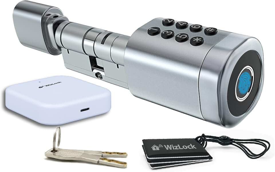 Cylindre de serrure connecté Bluetooth Tuya – Alliage d’aluminium argent aspect inox – Internet via passerelle Bluetooth/Wi-Fi incluse – Accès : Code, badge (4), empreinte, smartphone, clé (2) – IP55