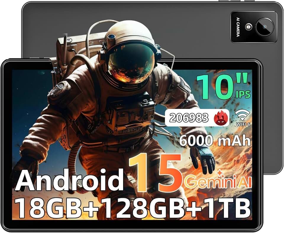 Raemond Tablette 10 Pouces, Tablette Android 16 avec Gemini AI, 26 GO RAM + 128 GO ROM + 1TO TF, Octa-Core, Écran Tactile IPS HD 1280x800, 7000 mAh,Widevine L1, WiFi 5G & BT 5,Double Caméra,Noir