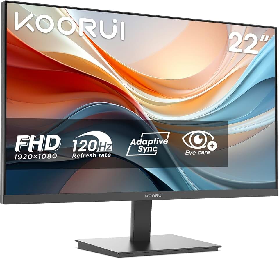 KOORUI Ecran PC 22 Pouces, VA FHD 120Hz Eye Care Moniteur E2212H | Écran 22" 1920 x 1080p Bureau Moniteur, Contraste 3000:1, inclinable de -5° à 15°, HDMI 1.4, VGA, Sortie Audio, VESA
