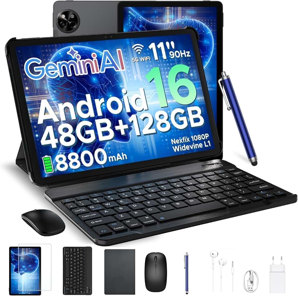 P11 Tablette Android 16, Tablette 11 Pouces avec 48Go+128Go/2To TF, T7250 Tablette Tactile avec 90Hz Display, 8800mAh, 13 MP+5MP, Gemini AI, Widevine L1, Face ID, 5G WiFi, Stylet, Clavier, Noir