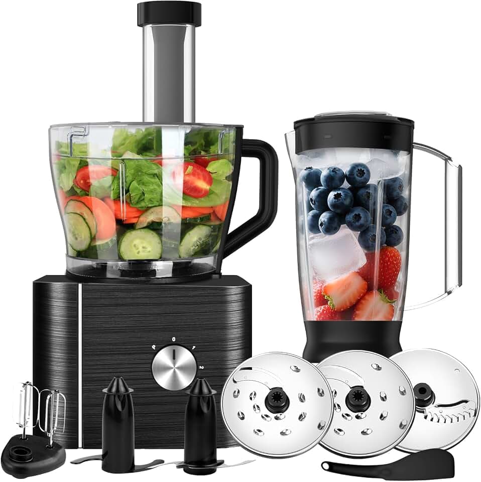 Robot Cuisine Multifonctions, TopStrong 1100W Food Processor Inclus Hachoir, Trancher, Crochet Pétrisseur, Mixeur, Presse-agrumes, 3.2L Bol Mélangeur & 1.5L Blender, 3 Vitesses Réglables, Noir