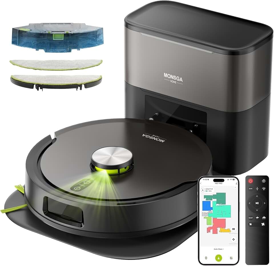MONSGA Aspirateur Robot 8000Pa, Polyvalence 4 en 1, Navigation LDS, Vidange Autonome avec Station d'accueil de 4 L, Double Anti-Enchevêtrement pour Cheveux et Poils d'animaux, APP, Alexa, MR7 Pro