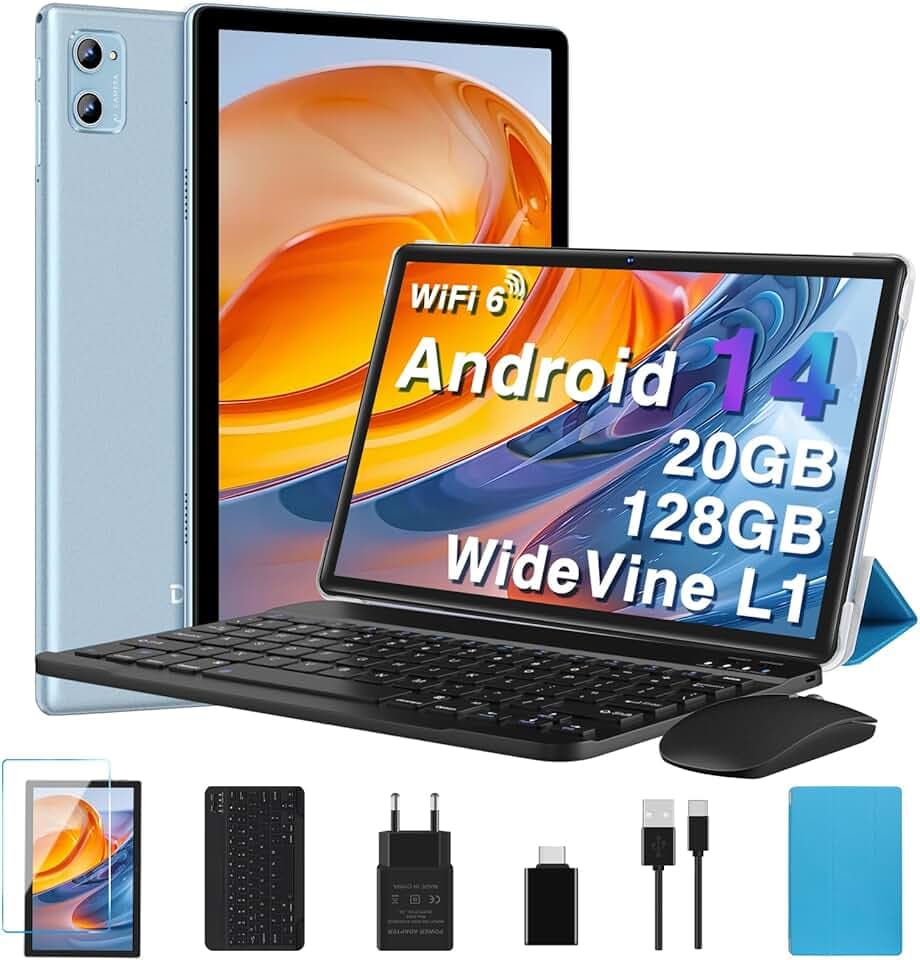 2026 Tablette 10 Pouces Android , 20 Go RAM + 128 Go ROM (TF 2 To), Octa Core/5G+2,4G Wi-Fi 6/Bluetooth 5.0/6000 mAh/Widget/8 MP + 5 MP/Widevine L1/GMS ,Tablette 2 en 1 avec Clavier et Souris - Bleu