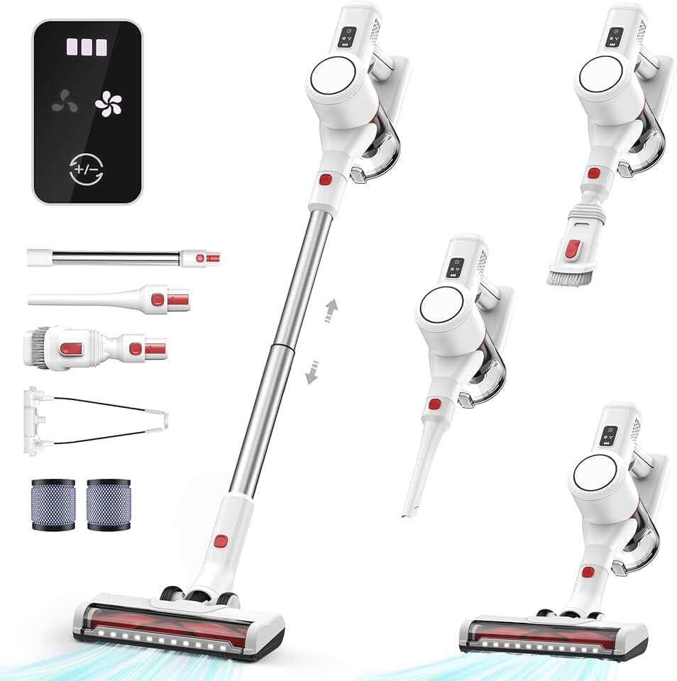 Aspirateur Balai sans Fil Batterie Haute Capacité avec Ecran LED Silencieux et Compact Aspirateur pour Poils d'animaux Adapté aux Sols Durs et Tapis