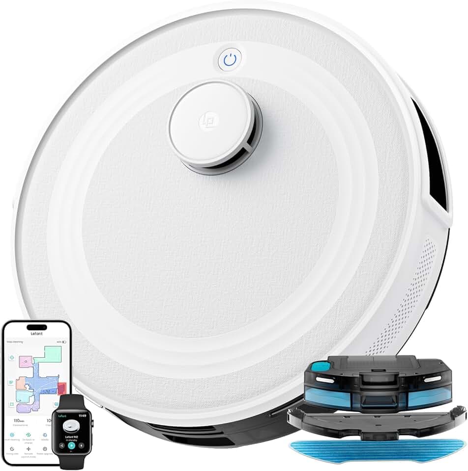 Lefant M2 Aspirateur Robot Laveur 6000Pa avec Cartographie Laser | Robot aspirateur laveur 2 en 1, Navigation dToF, Évitement PSD, Détection Tapis, Poils Animaux, APP/Alexa/WiFi, 160 Min