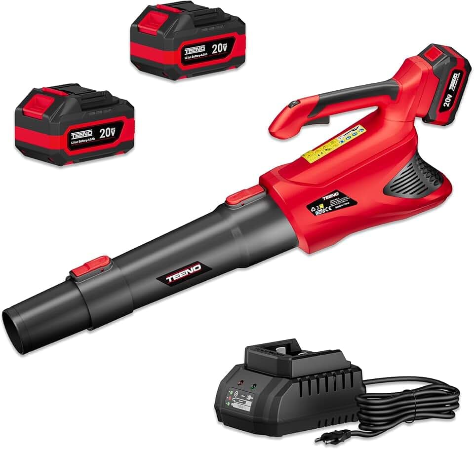 TEENO Souffleur de Feuilles sans Fil 20V, 2 * 4.0Ah Batterie souffleur à Feuilles, 5 Modes de Vitesse pour l'entretien de la pelouse, 4500W, Le soufflage de la Neige, et Le dépoussiérage