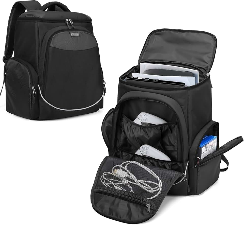 Trunab Sac à Dos Jeux Vidéo Rangement Protection, Compatible avec PS5/PS4/PS4 Pro/PS4 Slim/Xbox One/Xbox One X/Xbox One S, Sac de Voyage Étuis avec Poches pour Laptop 15.6'' et Accesoires de Jeux