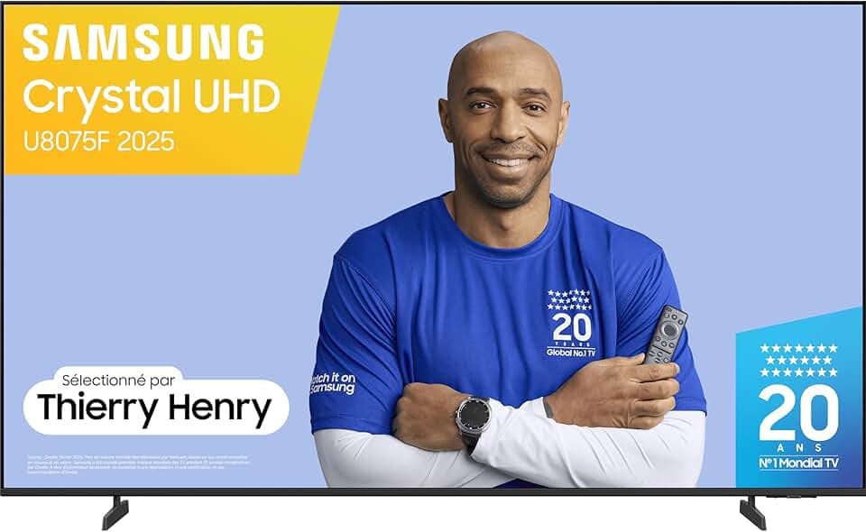 Samsung TV 50 Pouces Crystal UHD 50U8075F 4K Smart TV, Bluetooth, WiFi, Airplay, Crystal Processor 4K, HDR, Q-Symphony, Knox Security, Gaming Hub, Bixby, Applications opérateurs intégrées