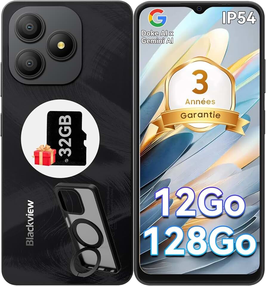 Blackview Wave 9C Telephone Portable Pas Cher 4G, 6.56'' HD+ Smartphone Pas Cher, Téléphone Portable 12Go+128Go/2To TF, Android 15, 5000mAh, 13MP+8MP, Étui de Téléphone Rotatif, Face ID, GPS
