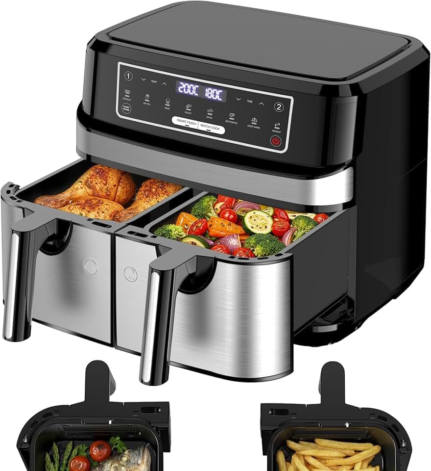 Air Fryer Double Compartiment 9L | Friteuse Sans Huile a 2x4,5L Tiroir, 2600W Friteuse à Air Chaud 8 en 1 Écran Tactile Smart Finish Fonction, Airfryer Deux Zones Contrôle Individuel Température Temps