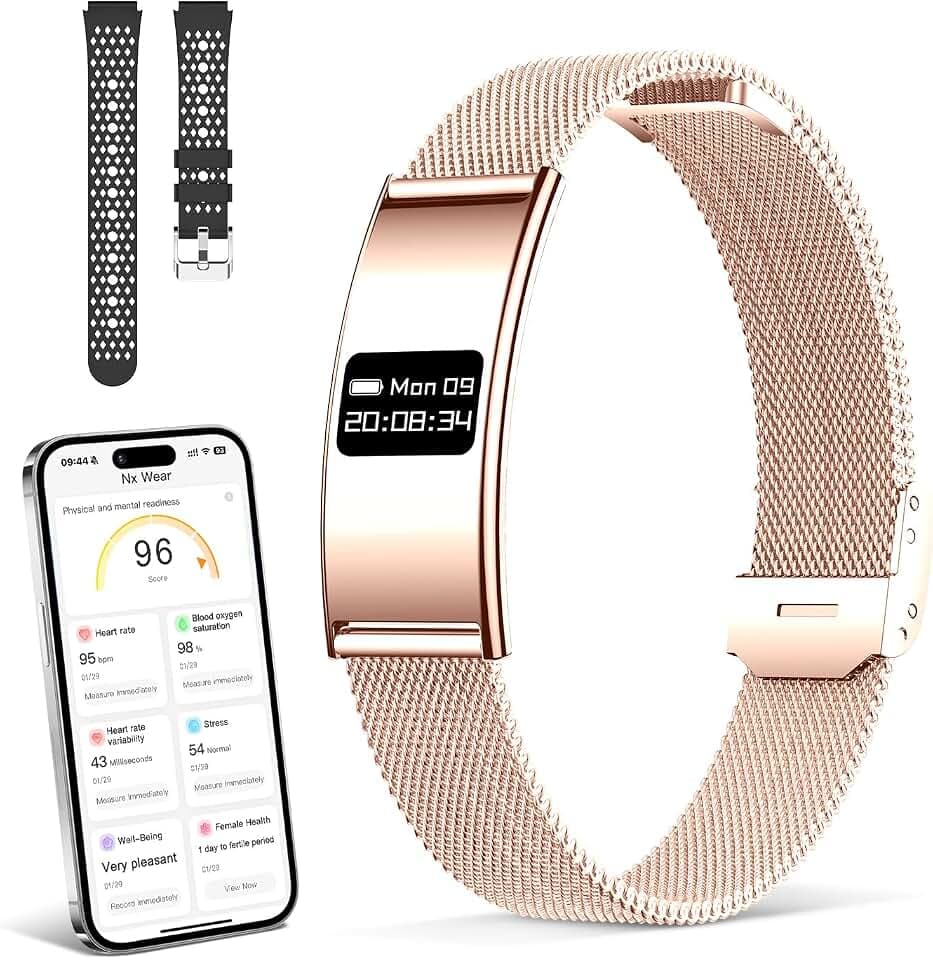 Bracelet Connecté Femme Homme, Montre Connectée de Surveillance de la Sante, Battery Rechargeable, IP68, Suivi Sommeil & Cardio, SpO2, Bracelet d’activité Sport et Santé avec 20+ Modes (Doré)