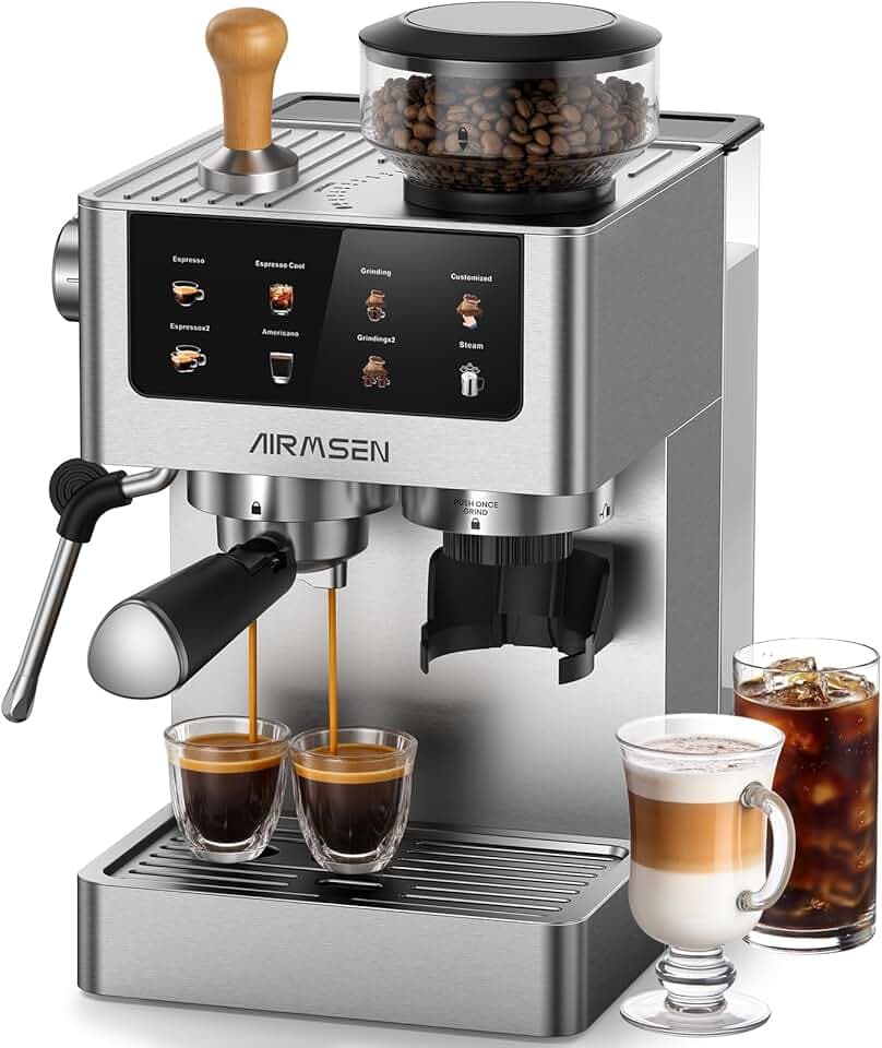 AIRMSEN 20 Bar Espresso Machine à Café Grain avec Mousseur, 10 Réglages de Mouture, Ecran Tactile, En Acier Inoxydable, Réservoir 1,8 L- Espresso, Café Froid (Cold Brew), Americano et Latte