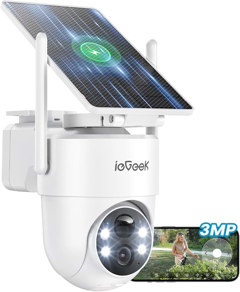 ieGeek 2K Camera Surveillance WiFi Exterieure sans Fil Solaire avec Panneau Solaire Amovible，360° Panoramique PTZ, Vision Nocturne Couleur, Détection Humaine PIR，Sirène，S5 Global Recycled Standard