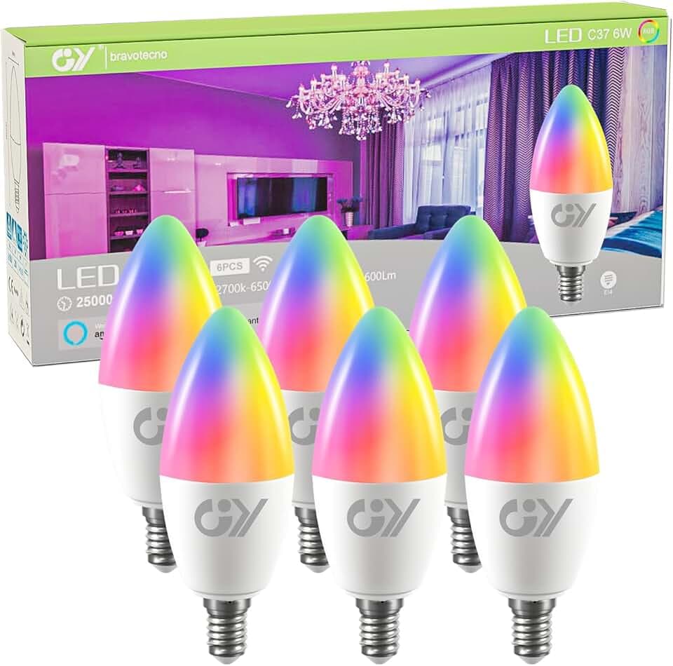 GY Ampoule Connectée E14 WiFi 6W 580LM, RGB + CCT (2700K-6500K) Dimmable, Ampoule LED Intelligente C37 Bougie Contrôlée par Smart Life, Compatible avec Alexa/Google Home, Lot de 6