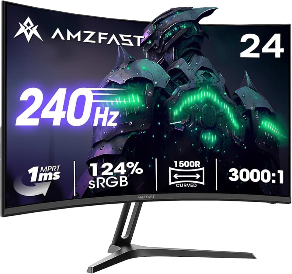 Amzfast Ecran PC Gamer Incurvé 24 Pouces 240Hz/FHD 1920x1080 Moniteur, DCI-P3 93% / sRGB 124%, 1ms MPRT, Anti-Lumière Bleue, Adaptive Sync, VESA 75x75, AMZG24C1Pro