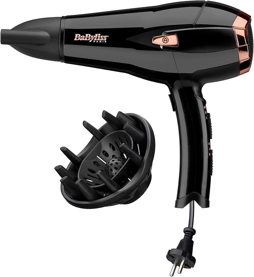 BaByliss Sèche-cheveux Cordkeeper - Sèche-cheveux puissant de 2000W avec 1,65m cordon rétractable, Technologie ionique anti-frisottis, 3 réglages de température et 2 réglages de vitesse, Noir, D373E