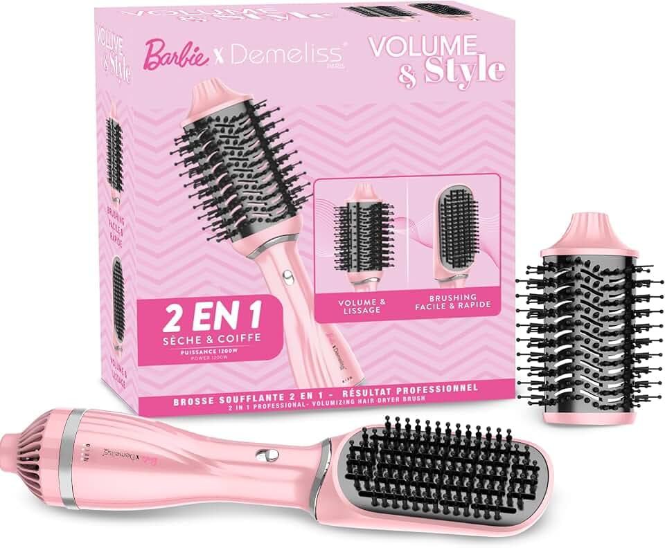 Demeliss VOLUME & STYLE Brosse Soufflante 2 en 1 Barbie™ – Sèche, Coiffe Tous Types Cheveux – 2 Têtes Interchangeables – Revêtement Céramique – 3 Températures – Brushing Volume Professionnel