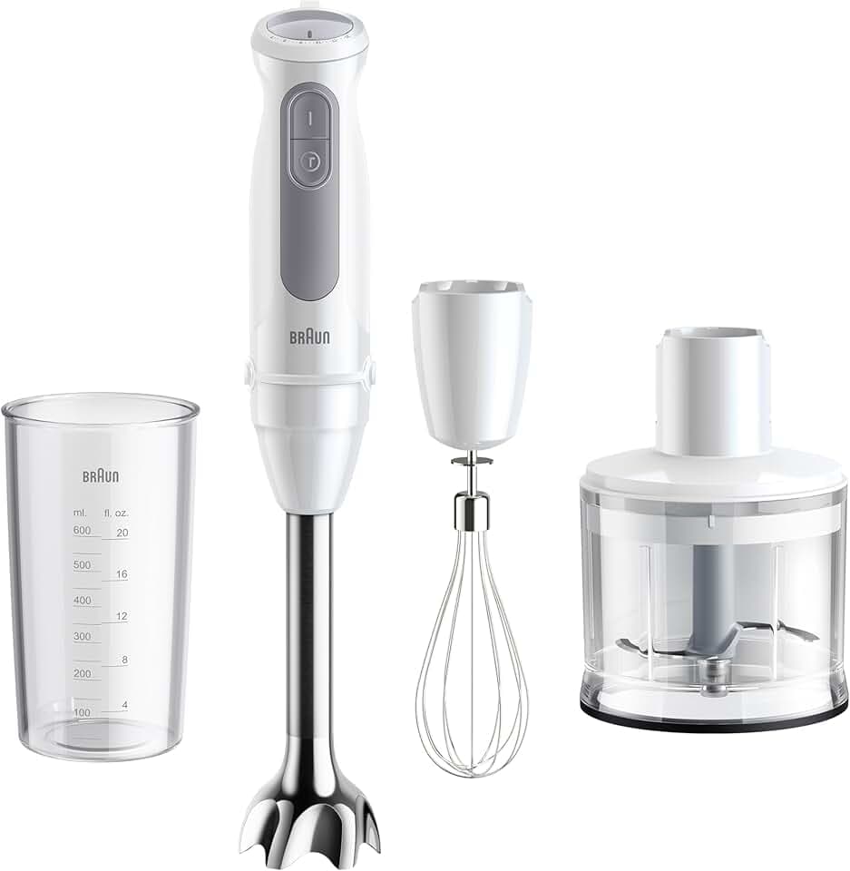 Braun MultiQuick 5 - Mixeur Plongeant 1000W avec Hachoir 500ml Blanc | Mixeur Plongeant, PowerBell VPlus, 21 Vitesses + Turbo, Fouet Inox, Gobelet 600ml, Système EasyClick, MQ50236M