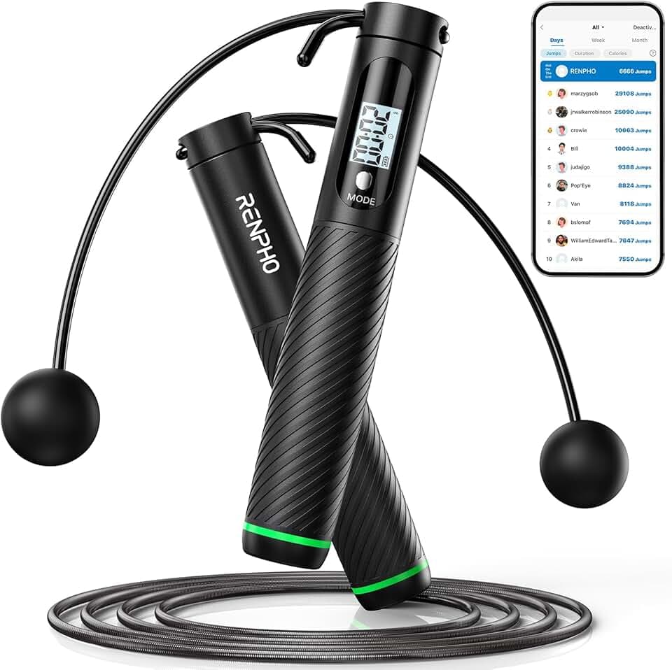 RENPHO Corde à Sauter Intelligente avec Compteur, Corde à Sauter sans Fil Réglable, App Données d'Analyse, Corde a Sauter Fitness Homme Femmes Enfants, Crossfit Équipement d'Entraînement Global Recycled Standard