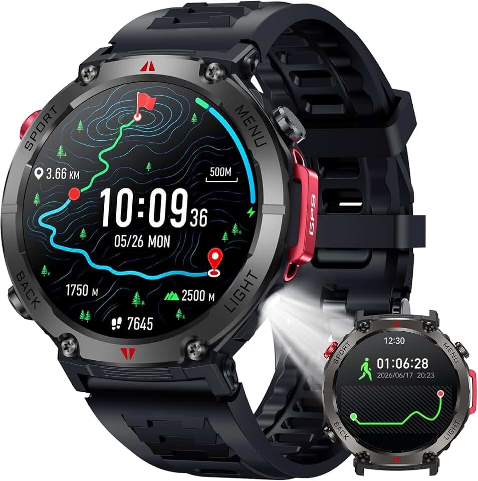 Montre Connectée Homme Smartwatch GPS: 1.45" Montre Outdoor Sport Avec Boussole et Lampe Torche Autonomie 530mAh IP68 Étanche Appel Bluetooth Surveillance Fréquence Cardiaque et SpO2 pour Android iOS