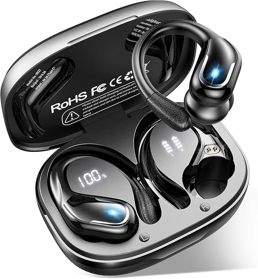 Ecouteurs Bluetooth Sans Fil Sport avec Crochets d'Oreille, 75H Autonomie | Ecouteurs Bluetooth 5.4, Son HiFi 14,2 mm EQ Personnalisée, 4 Mic ENC, IPX8 Étanche, LED Batterie, Anti-Chute pour Running