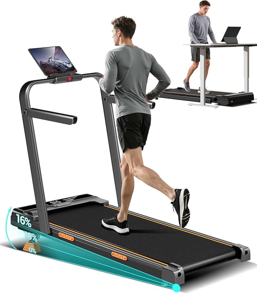 UMAY Tapis de Course Pliable Inclinable 16%, 10KM/H Tapis de Marche Pliable Inclinable, avec Affichage LED, télécommande, 3.0 CV Treadmill Walking Pad, Tapis de Marche Bureau, Max Charge 136KG