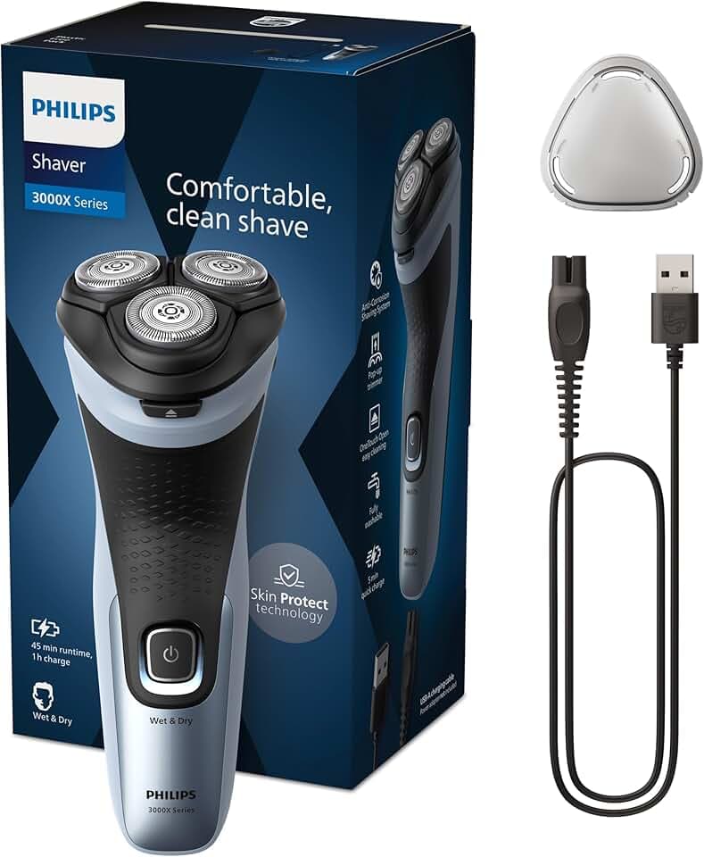 Philips Electric Shaver Series 3000x - rasoir électrique Wet & Dry pour hommes, couleur Bleu céleste, technologie SkinProtect, tondeuse rétractable, rasoir ergonomique pour hommes (modèle X3053/00)