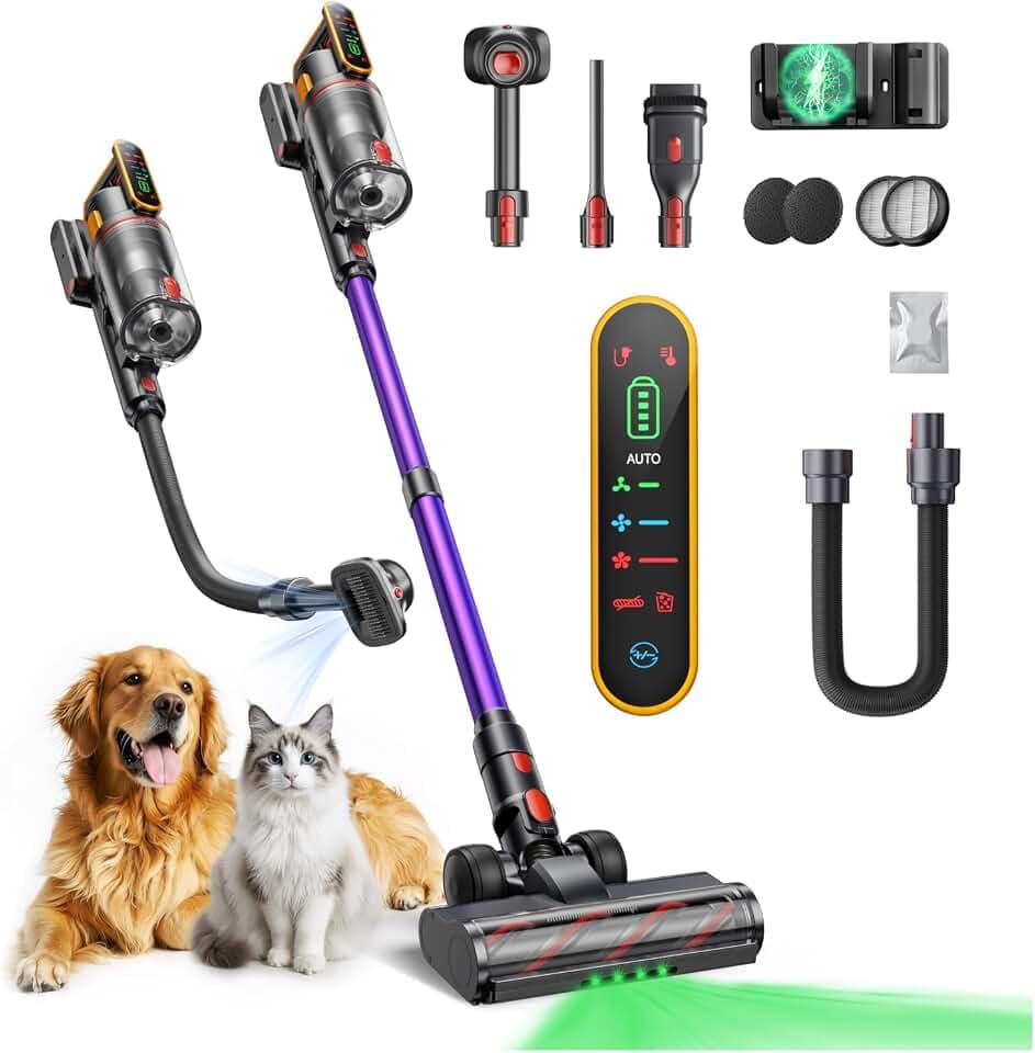 Fieety 650W/70Min Aspirateur Balai sans Fil, 55KPa Aspirateur sans Fil Puissant avec Brosse pour Animaux Tuyau Recharge Murale Mode Automatique Parfumé pour Poils d’Animaux Tapis Sols Durs et Voiture