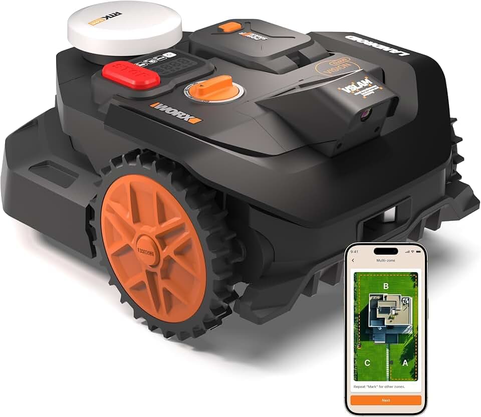 WORX Vision Cloud 2WD Robot Tondeuse WR304E, sans Fil périphérique, jusqu'à 400 m² (évitement d'obstacles par IA, Navigation VSLAM + RTK Cloud, cartographie Automatique, contrôle Via l'application)