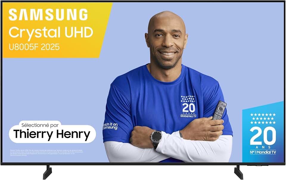 Samsung TV 85 Pouces Crystal UHD U8005F 4K Smart TV, Bluetooth, WiFi, Airplay, Crystal Processor 4K, HDR, Q-Symphony, Knox Security, Gaming Hub, Bixby, Suivez Le Sport et Les Matchs de Football