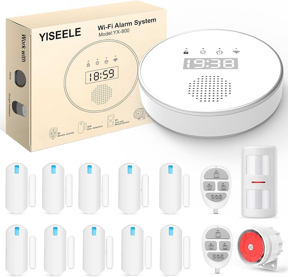YISEELE Alarme Maison sans Fil, 15 Pièces Alarme Maison Con APP, 5G/2.4G Kits de Sécurité pour la Maison Con Sirène, PIR Sensore, Capteurs de Fenêtre, Télécommande, pour Camping-Car, Garage, Bureau Global Recycled Standard