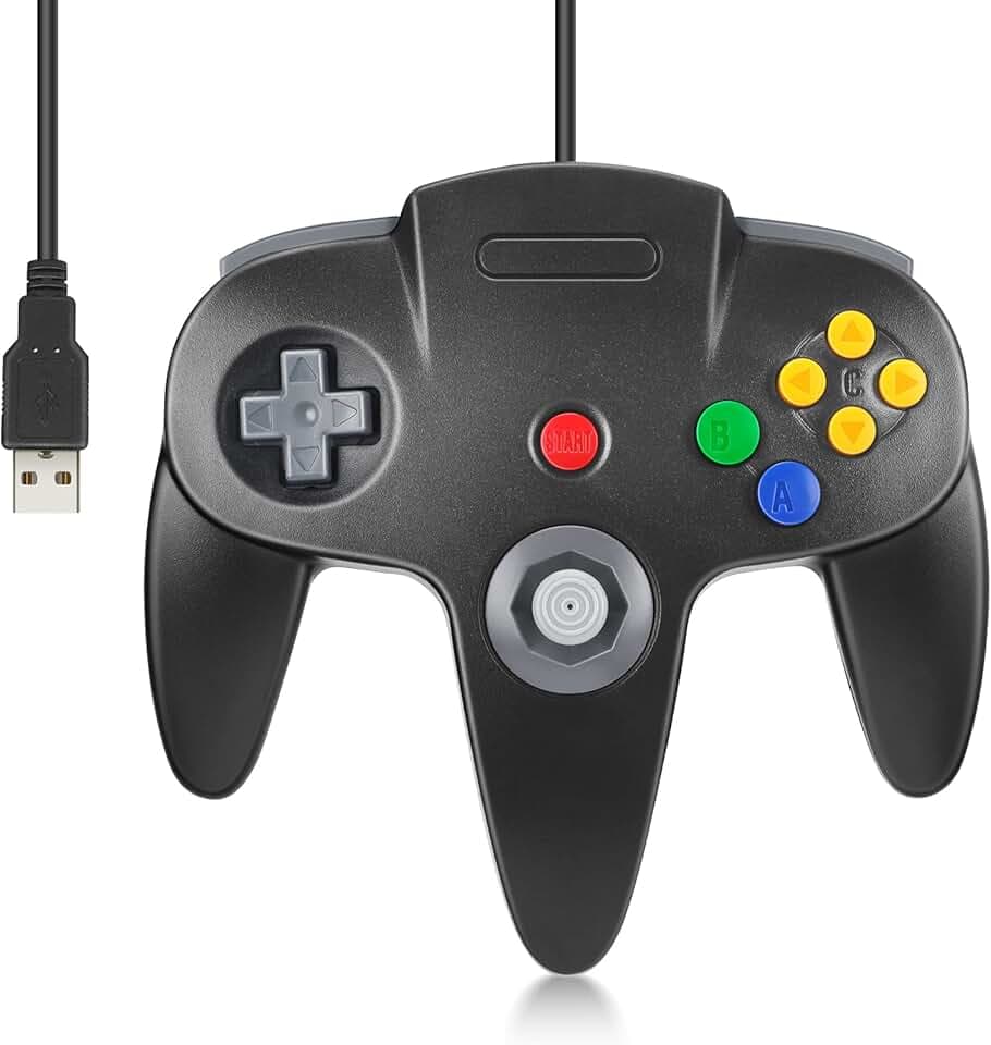 FISUPER Manette de jeu vidéo filaire USB N64, manette de jeu vidéo classique USB pour Windows PC Mac Raspberry Pi Retropie [compatible avec commutateur] (Noir)