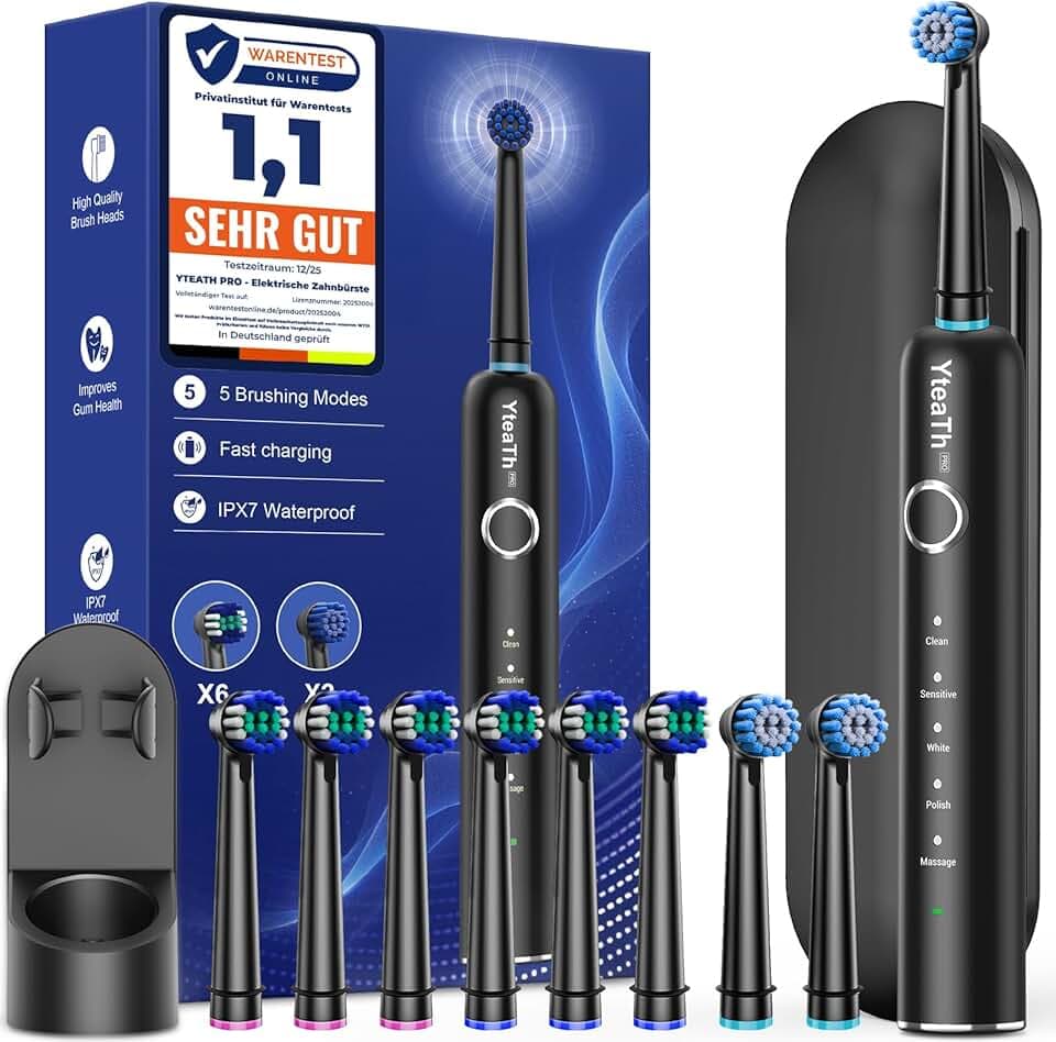 Brosse À Dent Électrique Rotatives pour Adultes - Brosses À Dents Rotatives avec 8 Têtes de Brosse, Brosse A Dent Electrique de Voyage, Noir Mat, Cepillo de Dientes Global Recycled Standard