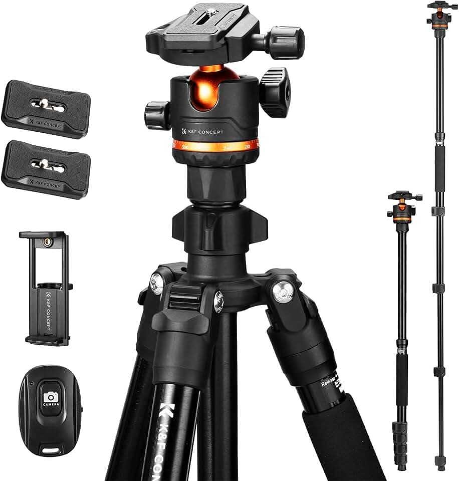 K&F Concept Trépied Photo 192cm pour Smartphone avec Clip | Monopode amovible, télécommande Bluetooth, compatible Canon/Nikon/Sony/iPhone, orange - O275A5+BH-36 Global Recycled Standard