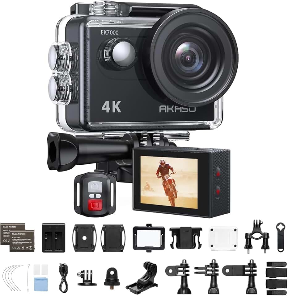 AKASO Caméra Sport 4K 30fps 20MP WiFi - Camera 4k Étanche jusqu'à 30M avec Stabilisation, Grand Angle de 170° - Télécommande 2.4G - Qualité d'image Ultra HD pour Les Passionnés d'Aventure, EK7000 Noir Global Recycled Standard