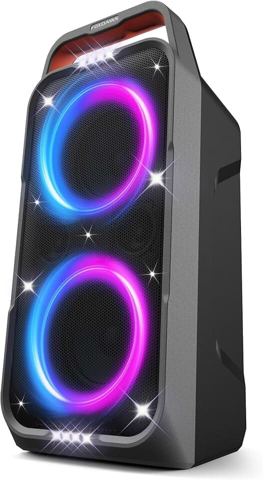 Foxdawn Enceinte Bluetooth Puissante Portable, 240W Peak Haut Parleur Bluetooth, Super Bass, 20H, avec Lumières LED, BT5.3, USB/TF/AUX/MIC & Guitare in, pour Party, Camping, Jardin