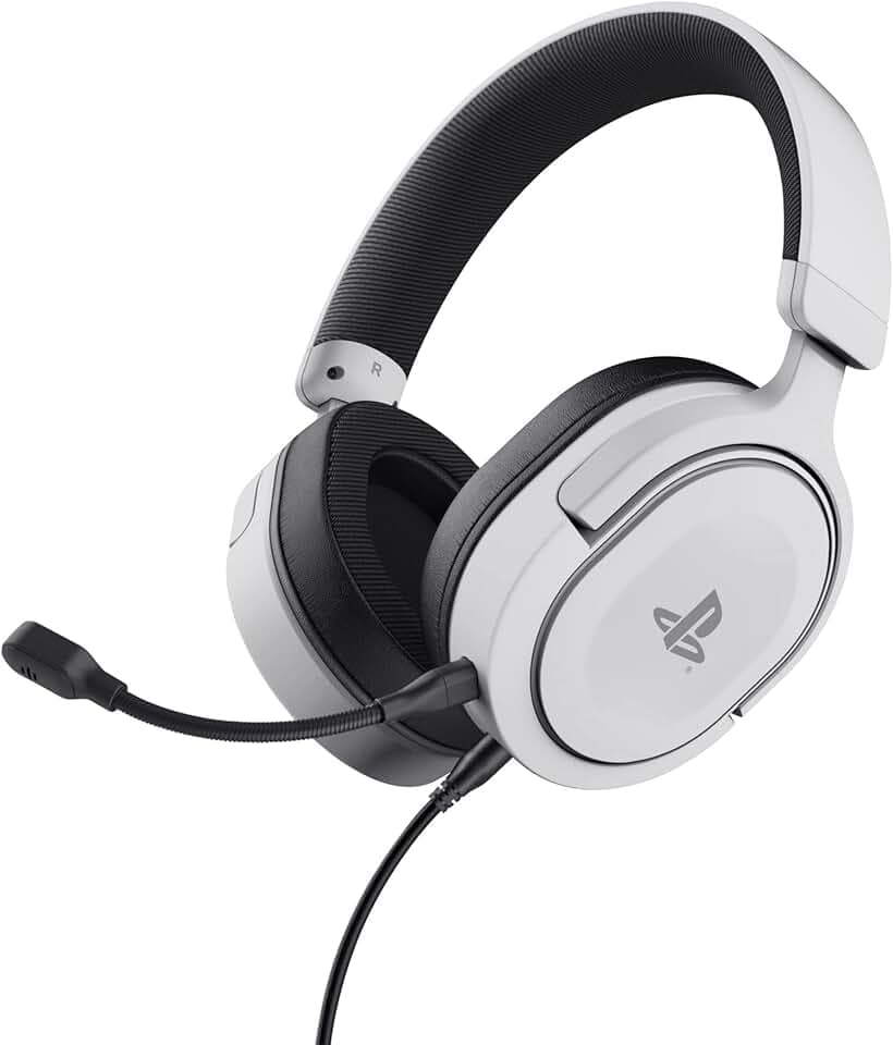 Trust Gaming GXT 498W Forta Casque PS5 Durable, Licence Officielle pour PlayStation 5, Casque Gamer PS4, Arceau Réglable, Câble de 1,2 m, Casque Gaming Over Ear avec Microphone Détachable, Blanc