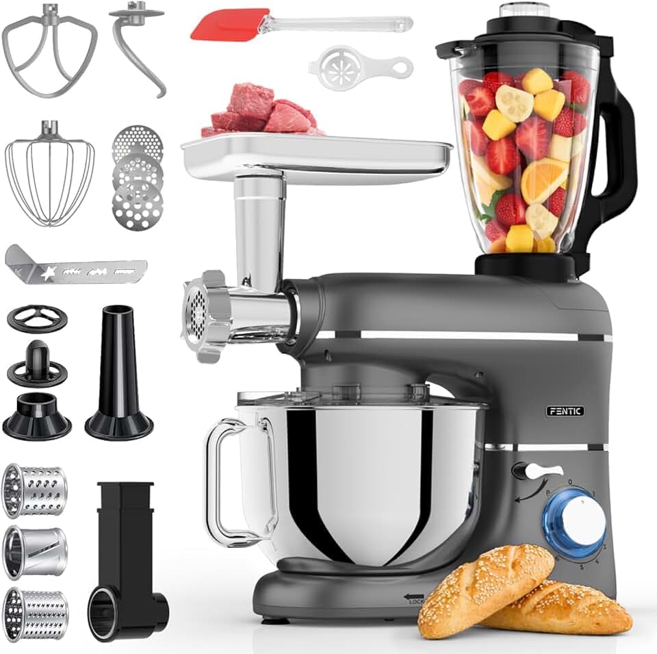 6 en 1 Robot Pâtissier – 2000W - Av. Hachoir à Viande, Mixeur 1,5L, Cutter, Accessoires – Robot Cuisine Multifonctions Av. 6,2L Bol Mélangeur, Fouet, Crochet Pétrisseur, Batteur (Anthracite) | Pétrissez pâtisserie, pain et pizza avec bol de 6,2 l. Mixeur en verre 1,5 l, hachoir à viande, trancheuse