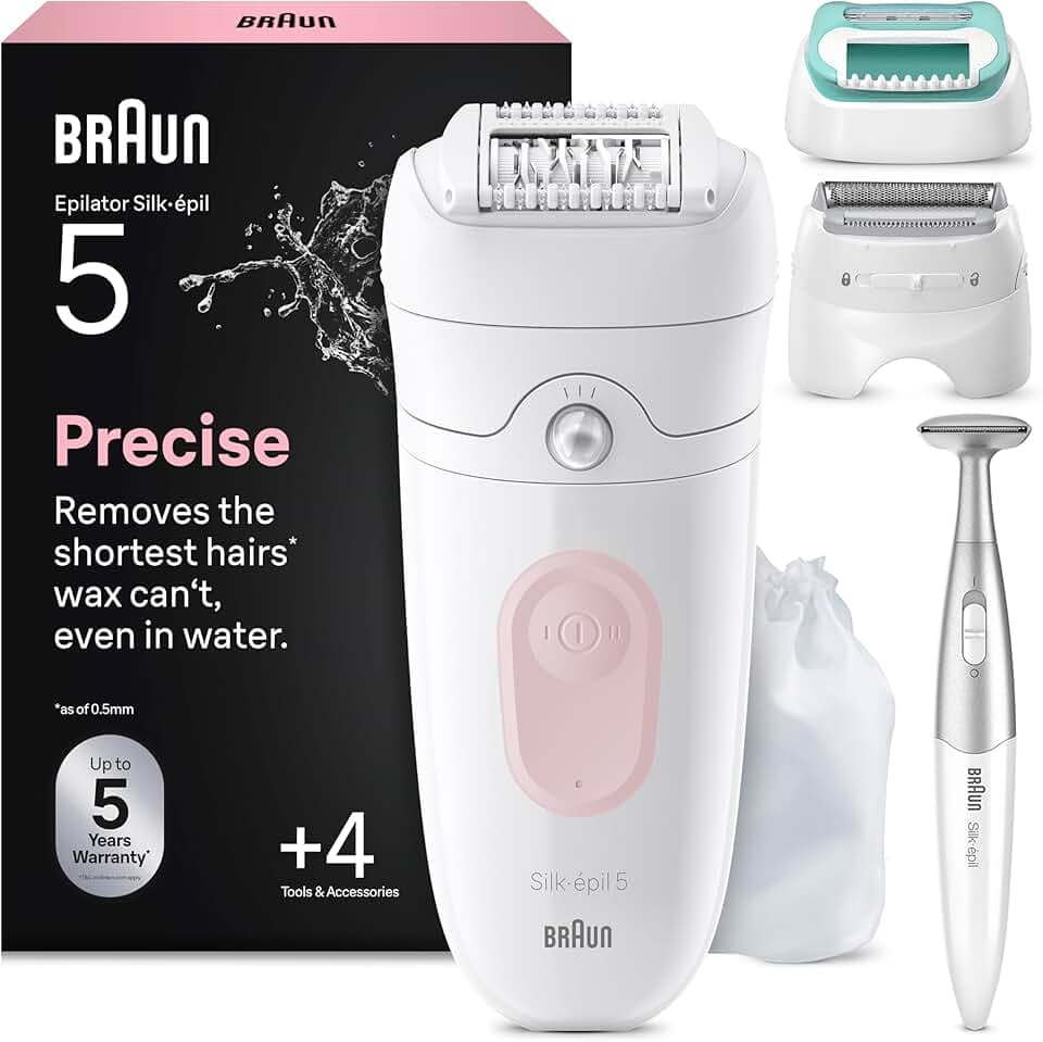 Braun Epilateur Electrique Femme Silk Epil 5, 5-251, Blanc et Rose | Etanche, sans Fil, Rouleau de Massage, Coffret Epilation avec Tondeuse Intime, Tête de Rasage, Embout pour Débuter GreenCircle Certified: Certified Energy Savings