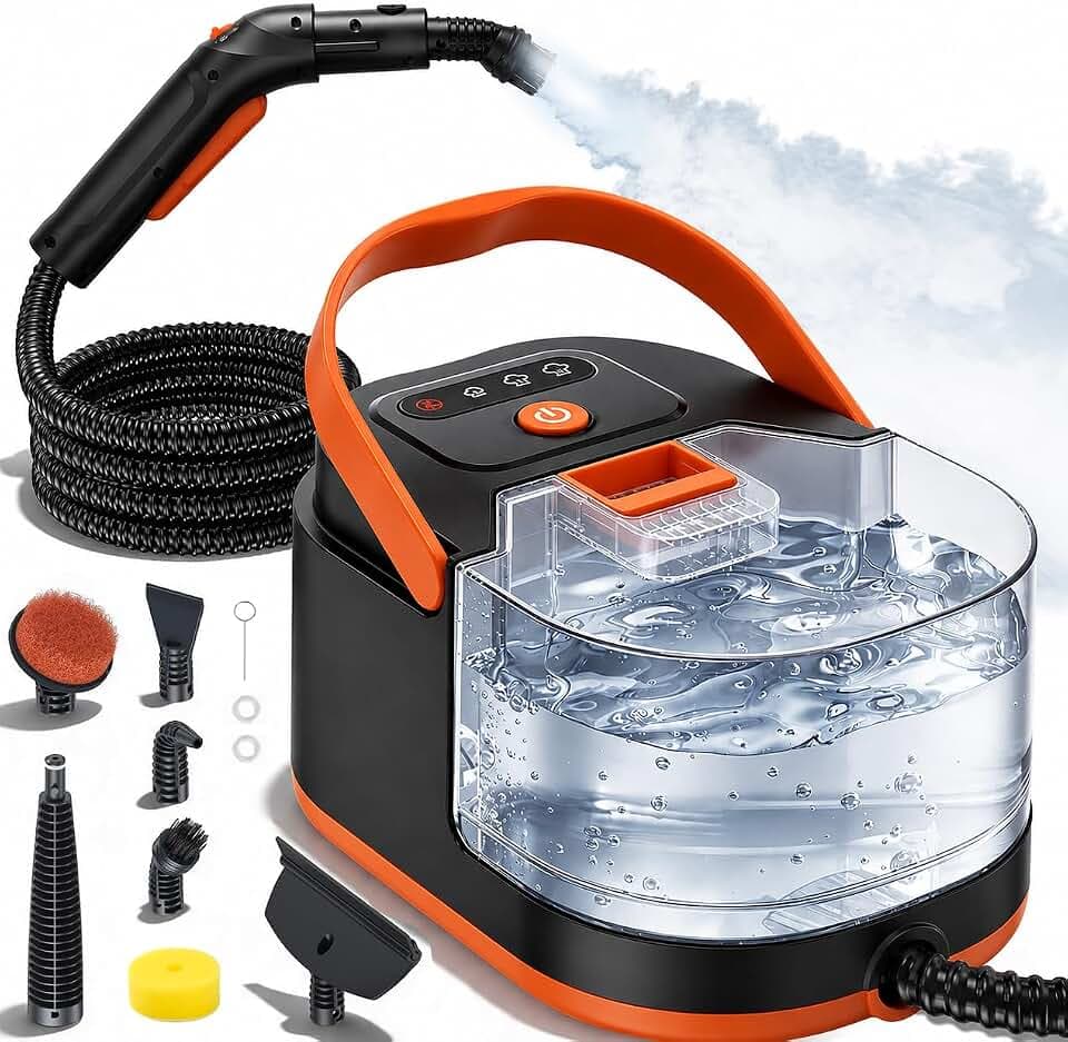 Nettoyeur Vapeur à Main 105°C Haute Pression avec Réservoir Amovible 1,5L | Chauffe en 30s, vapeur 105°C, réservoir amovible 1,5L, 3 niveaux réglables pour cuisine, salle de bain, voiture et tissus