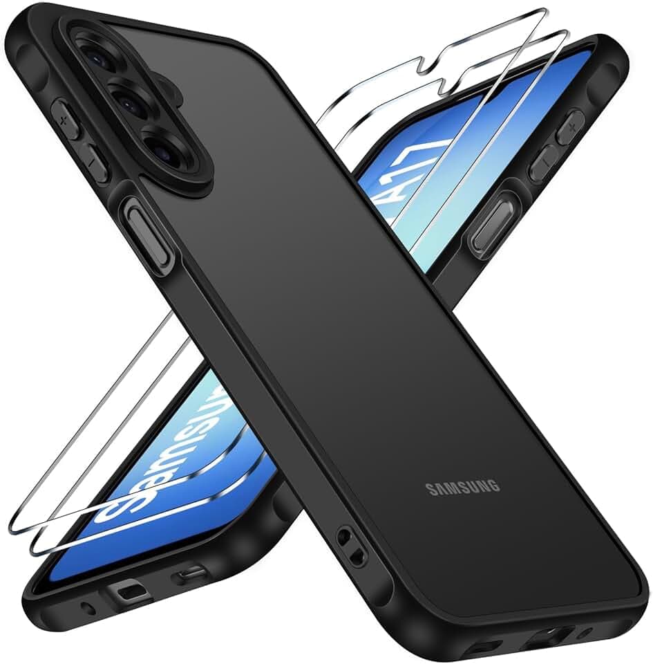 ivoler Coque Mat pour Samsung Galaxy A17 4G / A17 5G avec 2 Pièces Verre Trempé, [Protection Antichoc Militaire] [Protection Caméra] Arrière Translucide Étui de Mince Bumper Housse, Noir Global Recycled Standard