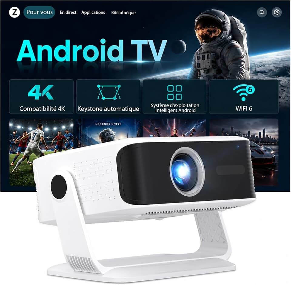2026 Dernier Videoprojecteur Intelligent, Android 14, Rétroprojecteur 1080P, Supporte 4K, WiFi 6 Bluetooth 5.4, 380 ANSI, Correction Trapézoïdale Automatique Focus Électronique, pour Android iOS HDMI