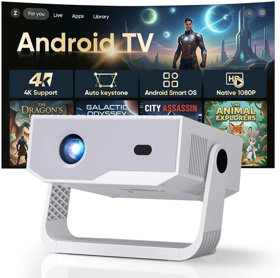 [2026 Version Améliorée] Android Videoprojecteur 4K &1080P WiFi et Bluetooth Focus électronique Correction à 270 Degrés Retroprojecteur Portable pour HDMI/TV Stick/Laptop
