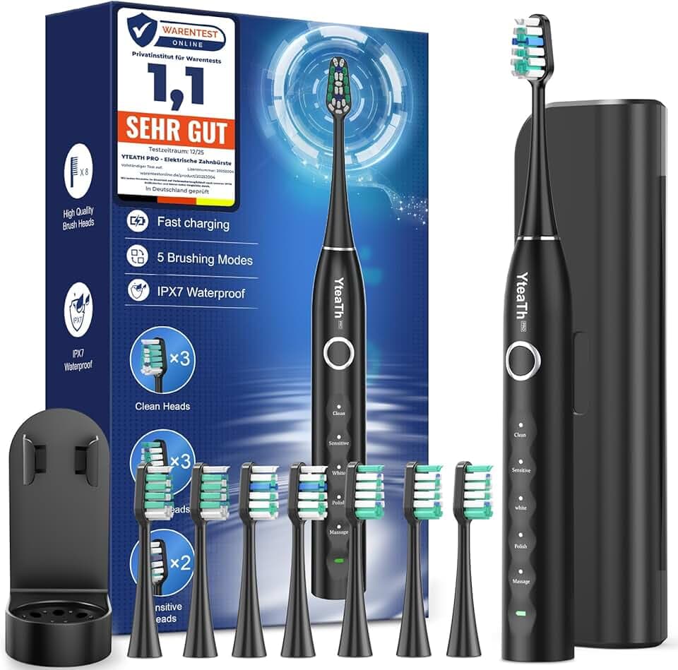 Brosse À Dent Électrique Soniques Adulte avec 8 Têtes - Brosse A Dent Sonique Adulte avec Étui de Voyage, 5 Modes, Étanche IPX7, Brosse A Dent Electrique de Voyage Rechargeable, Noir Mat Global Recycled Standard